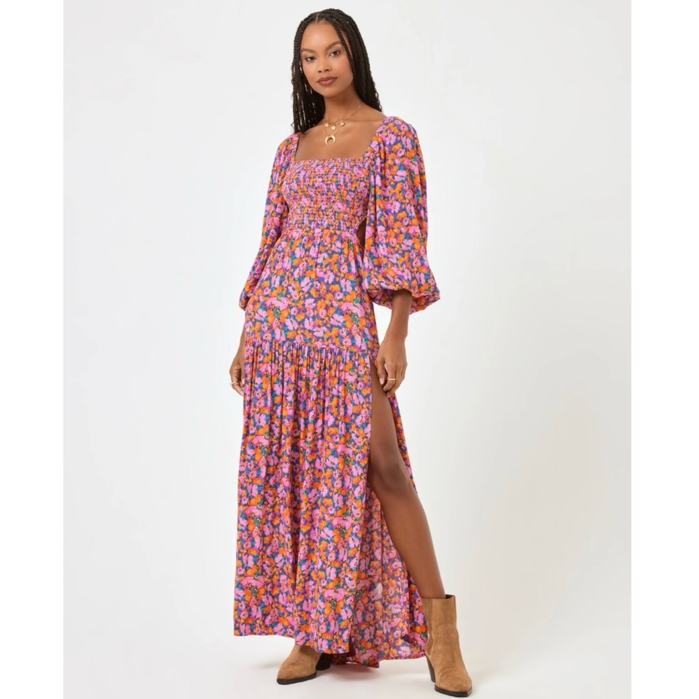 NWT L*SPACE Heidi Maxi Dress Sz XL Floral Puff Sleeve Cut Out Feminine Spring